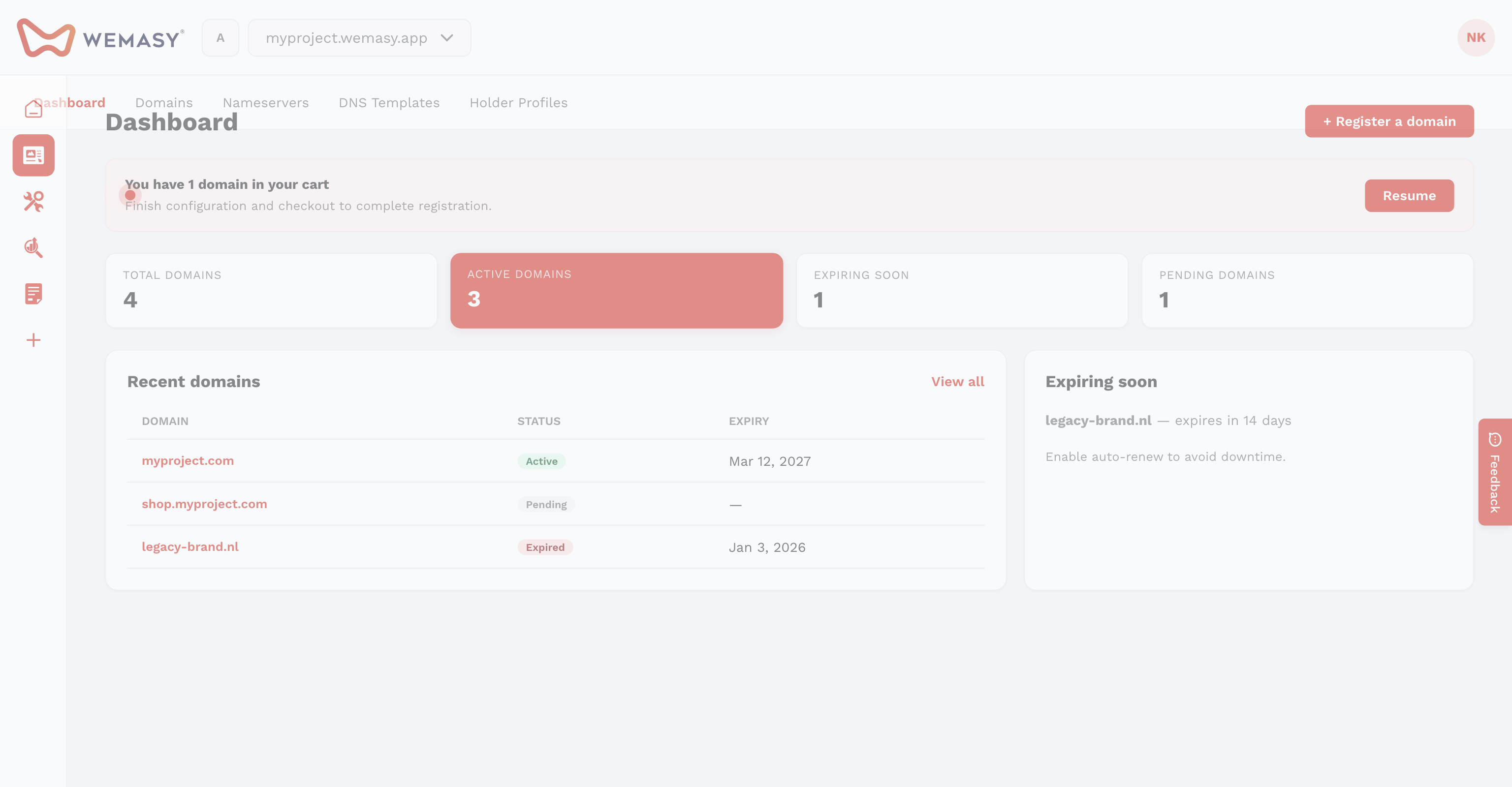 La dashboard di WEMASY con un banner di avviso sullo stato del sistema
