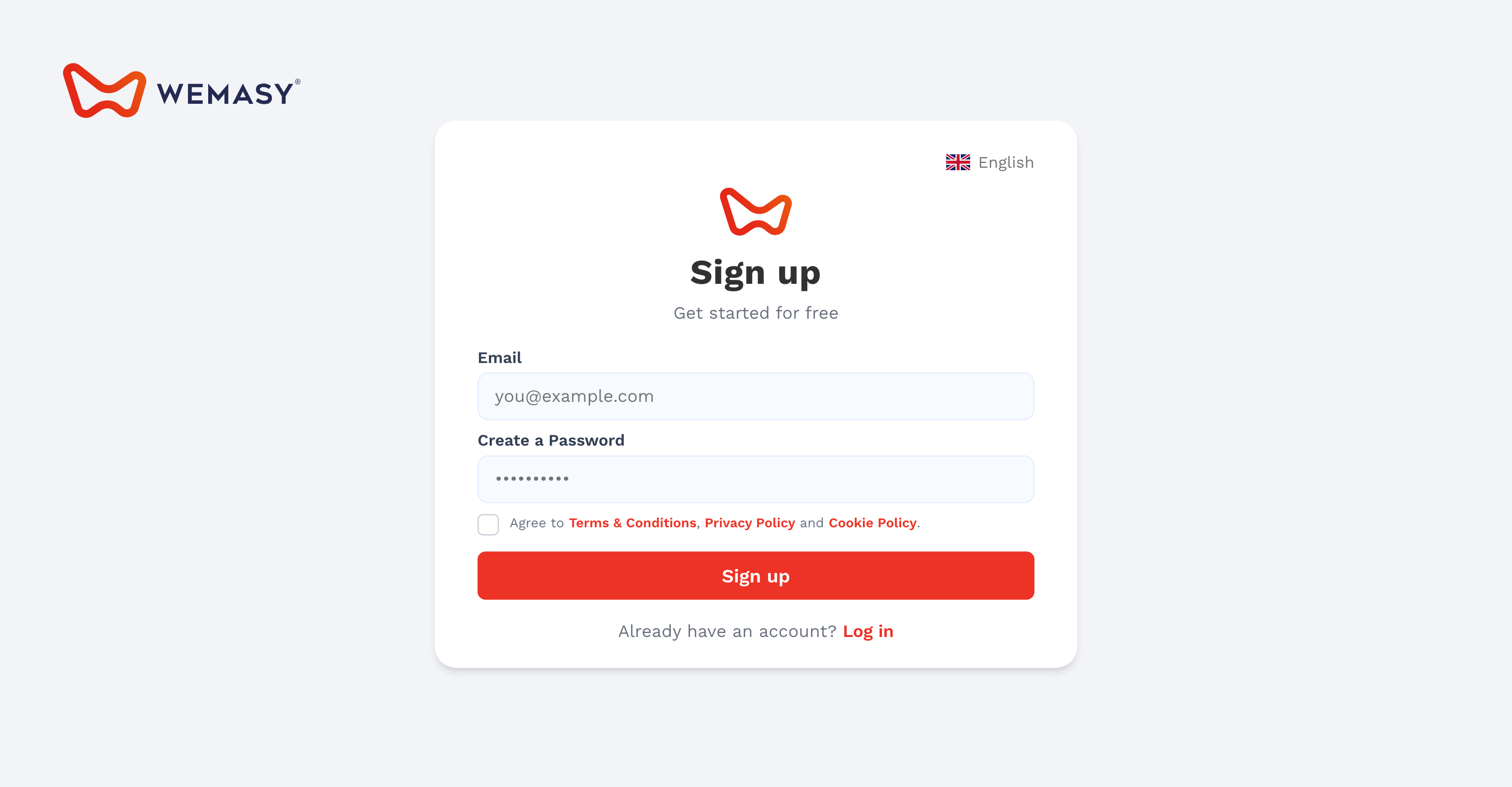 La schermata di registrazione di WEMASY con i campi email e password