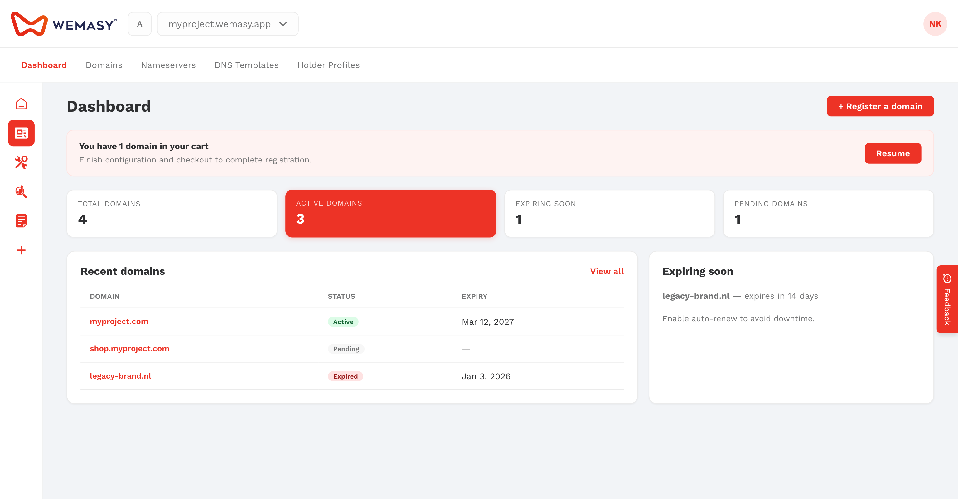 La dashboard Domini di WEMASY