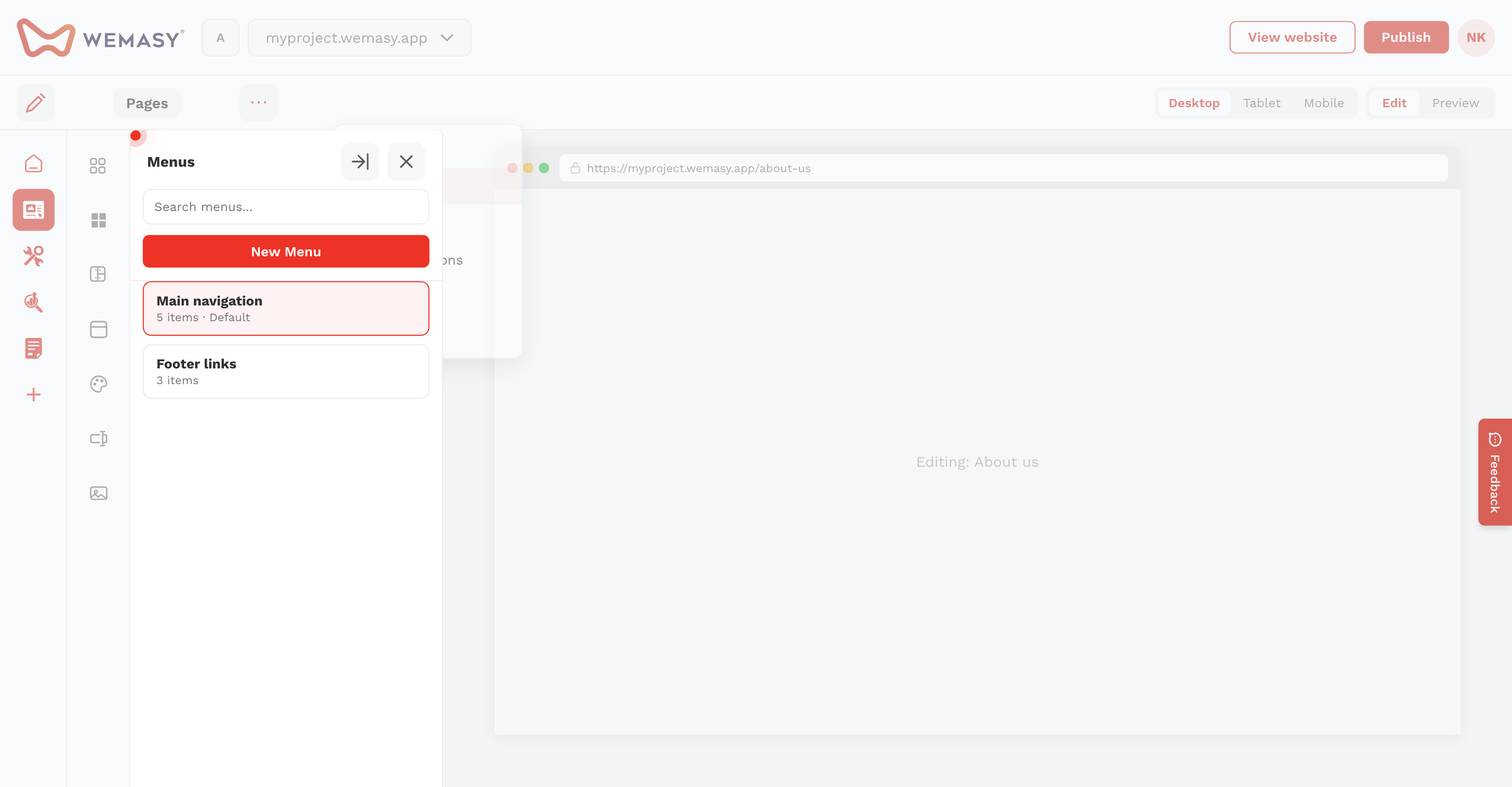 Creatore di siti: menu predefinito
