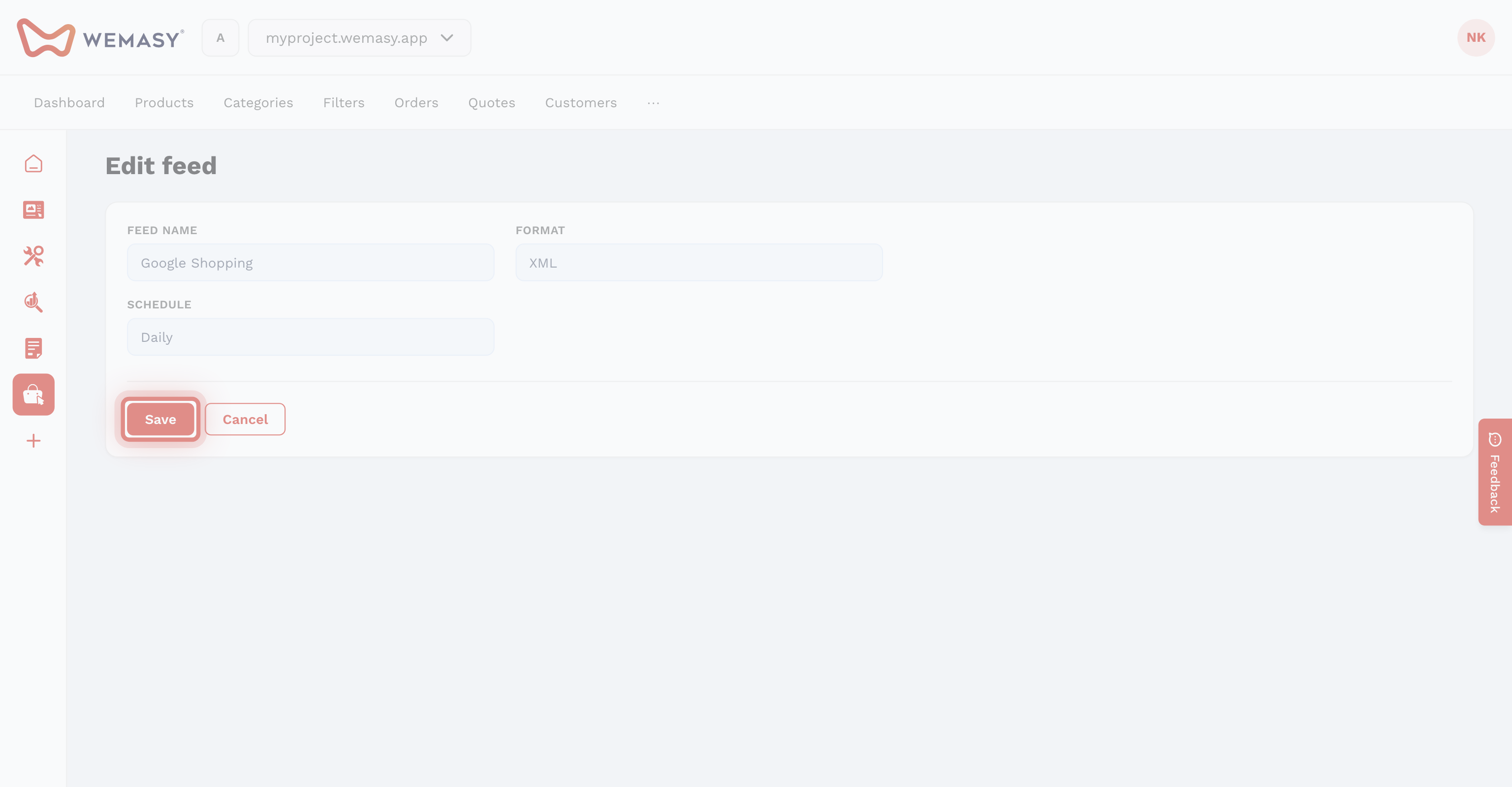 Negozio online: crea un feed