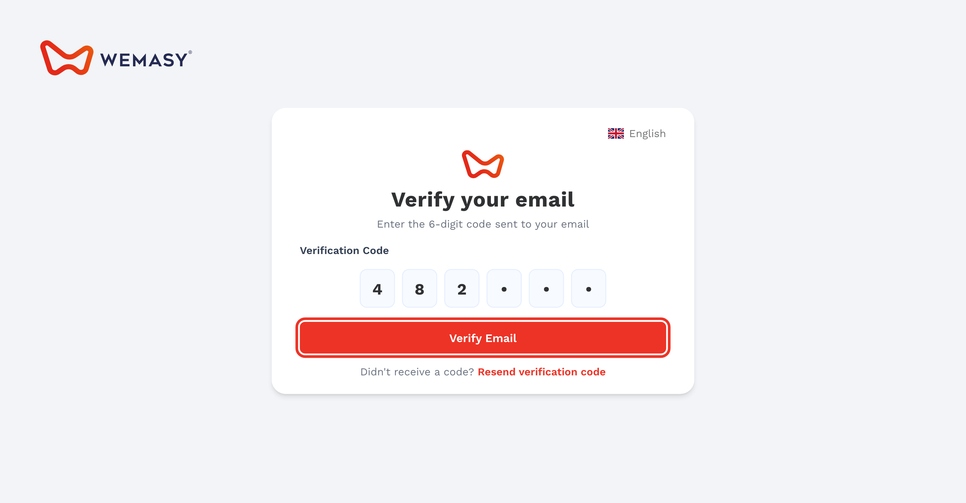 La schermata di verifica dell'email di WEMASY