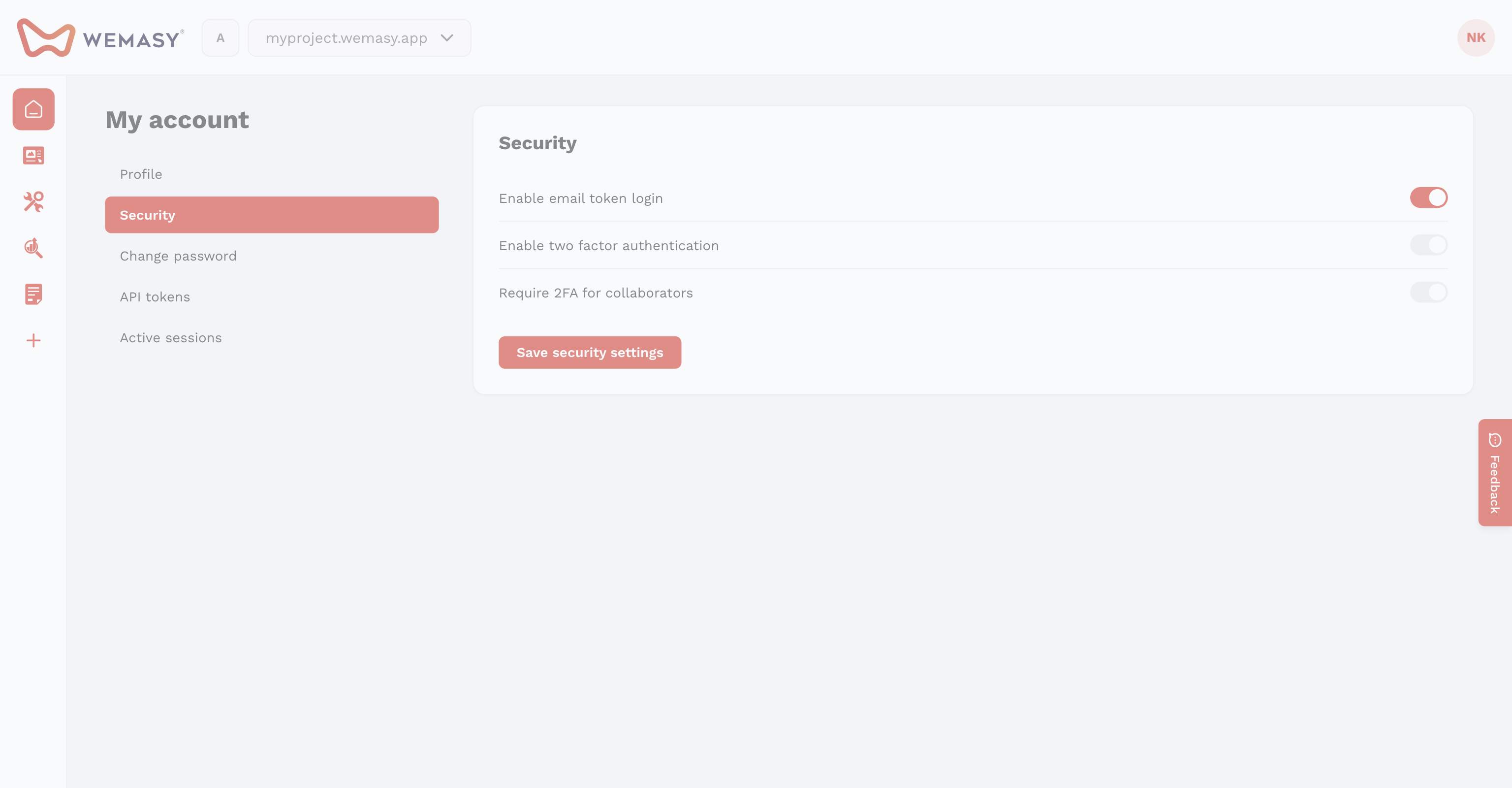 La schermata dei token API di WEMASY nella sicurezza dell'account