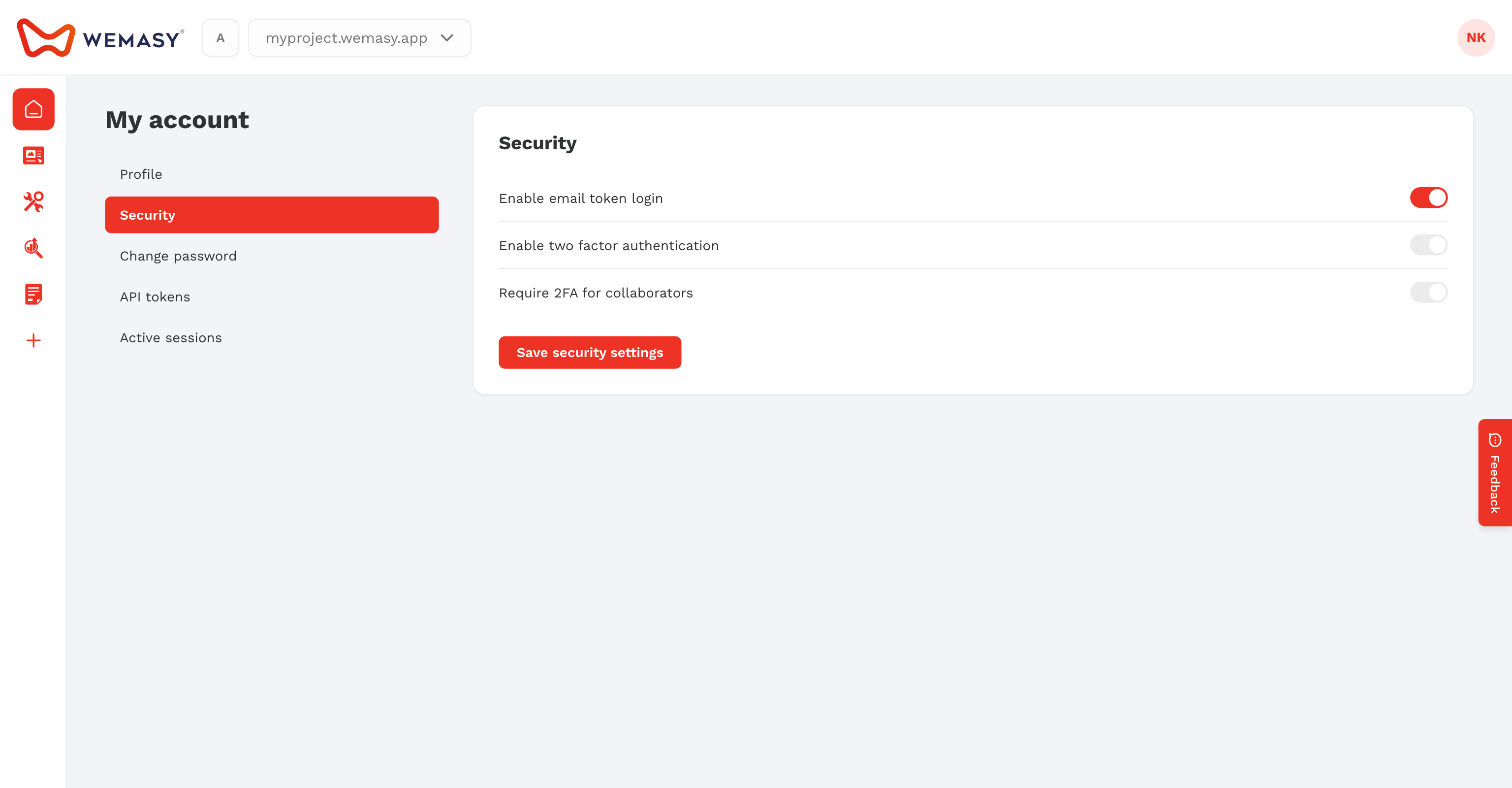 La schermata delle impostazioni di sicurezza dell'account WEMASY