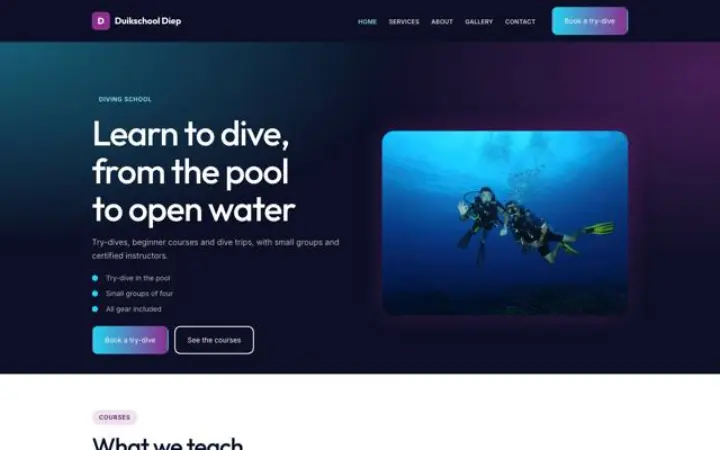 Esempio del tema Duikschool Diep per scuola sub